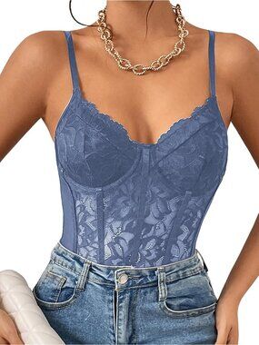 Women Dusty Blue Underwire Sheer Mesh Bustier Spaghetti Bodysuit Lace Corset Top